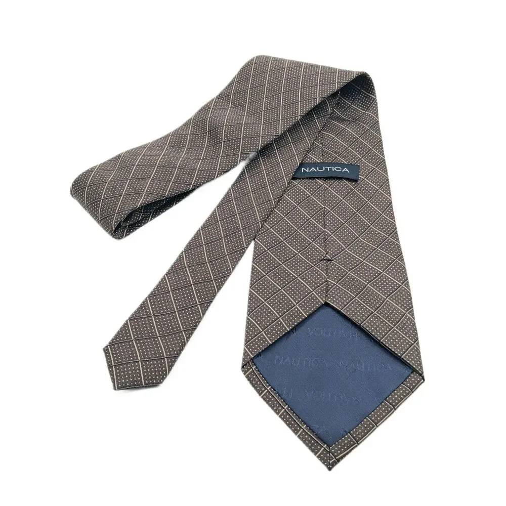 Nautica Silk Tie Mens 60” Gray Taupe Plaid Dot Designer Wide Elegant New